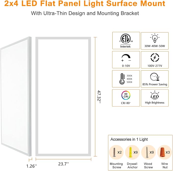 12-Pack 2x4 FT LED Flat Panel Light Surface Mount, 0-10V Dimmable | 5000K-4000K-3000K Switchable & 30W-40W-50W Selectable, Flush Mount Ceiling Light 24x48 inch, ETL Listed, 100-277V, White