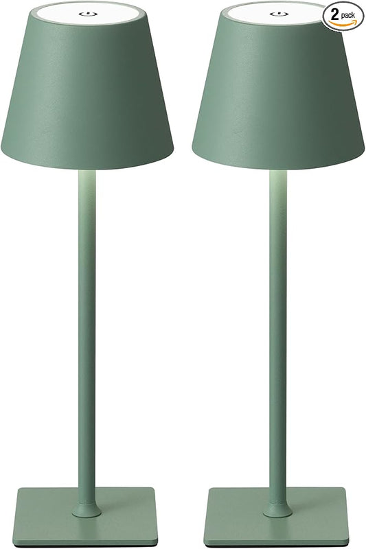 KDG 2 Pack Cordless Green Table Lamps, Rechargeable Portable LED Desk Lamps | 4000mAh Battery Operated 3 Color Stepless Dimming Up for Restaurant, Bedroom, Outdoor Party, Camping, Coffee Shop, Nightlight