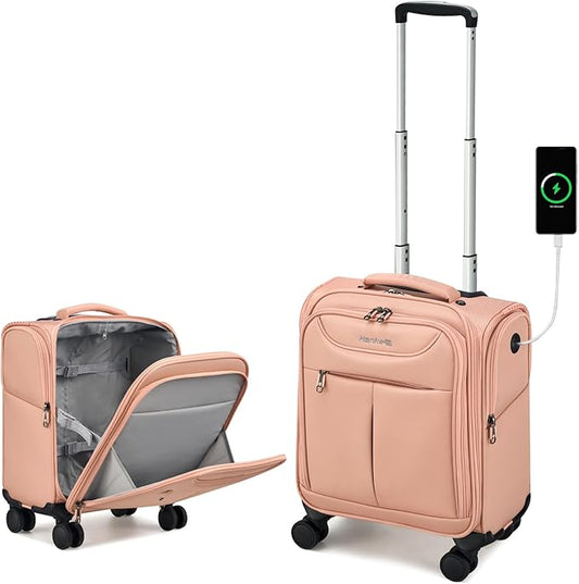 Hanke Underseat Carry On Luggage with Wheels, Lightweight Small Suitcase Airline Approved 16 Inch Softside Personal Item Travel Bag for Women Men, Compact Under Seat Luggage with Spinner Wheels.(Pink)