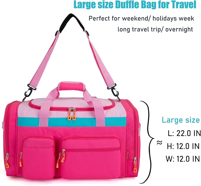 HawLander Large Kids Duffle Bag for Travel, Overnight, or Weekender, 22" inch (Pink Rose)