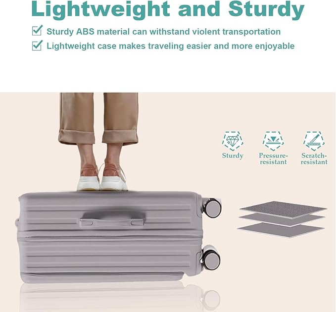 Gets Carry on Luggage Airline Approved,20 Inch Abs+Pc Hardshell Spinner Luggage With Cup Phone Holder and USB Charger,Front Pocket Durable Suitcase for Women Men-Grey