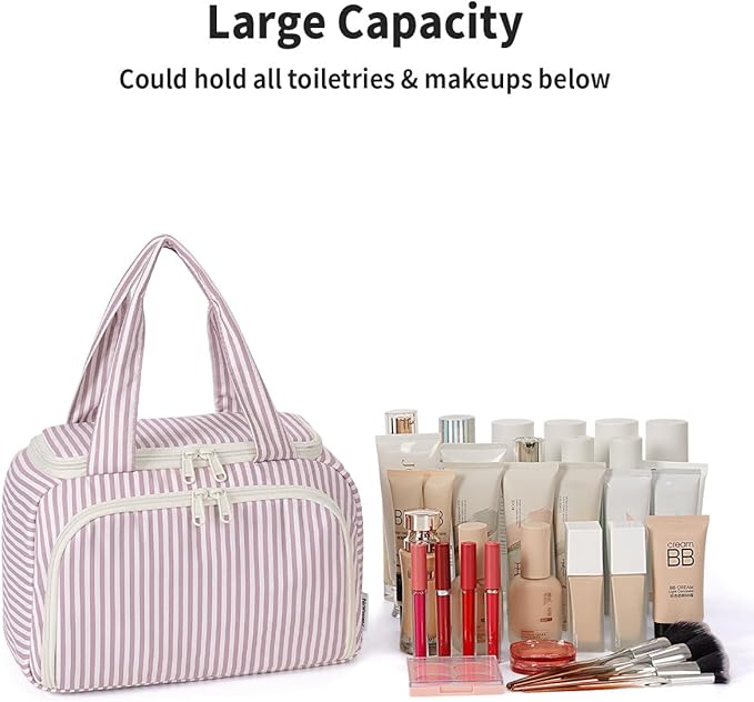 Narwey Striped Travel Toiletry Bag Large Makeup Bag for Women, Wide-open Cosmetic Make Up Organizer with Handle, Travel Bag for Toiletries, Essentials, Accessories (Dusty Pink Stripe)