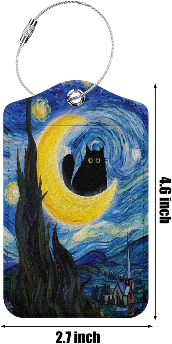 The Starry Night Cat Luggage Tag, Suitcase Tags with Privacy Flap and Metal Loop, Luggage Tags for Suitcases, Identifiers Travel Essentials Bag Tag, Cat Lovers Gifts for Women Friends