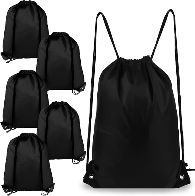 6Pcs Drawstring Backpacks, Medium, Black, Sports, Gym, Travel, Swimming, Beach
