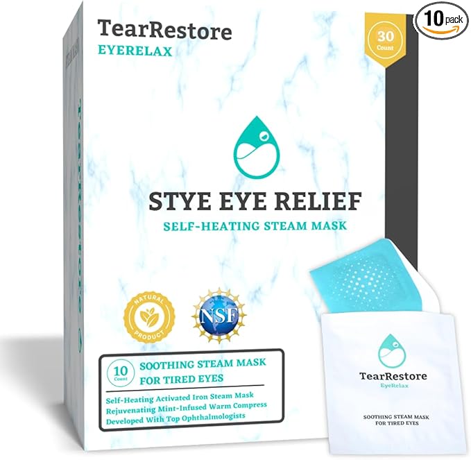 TearRestore EyeRelax for Stye Eye Relief & Dry Eyes. Heated Eye Mask with Moist Heat and Mint-Infused Steam. Self-Heating Warm Compress for Dry Eye, Blepharitis Relief & Overnight Comfort (10 Count)
