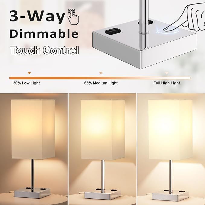 17.4" White Touch Table Lamp for Bedroom - Dimmable, USB C+A, 2 AC Outlets | 3-Way Dimming, 3000K Bulb Included, Square White Lampshade and Silver Base, Desk Lamp for Nightstand, Living Room, Dorm