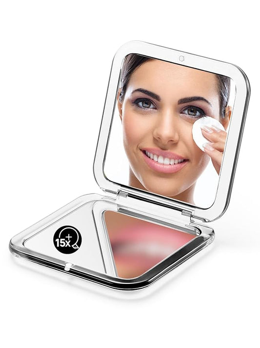 OMIRO Folding Compact Mirror, 1X/15X Magnification 3½” Pocket Size Square Hand Mirror for Travel Makeup (Transparent Black)
