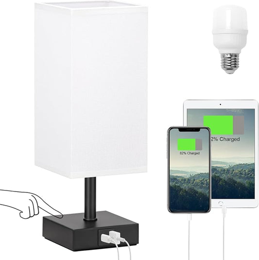 Touch Table Lamp for Bedroom - Dimmable, USB C+A, White Lamphade Black Base | 3-Way Dimmable, 3000K LED Bulb Included, Square Lampshade, Cute Room Decor for Teen Girls, Kids, Small Lamp for Dorm, Nursery
