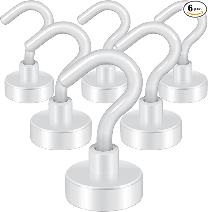 Neosmuk Magnetic Hooks,30lb+ Heavy Duty Earth Magnets with Hook for Refrigerator, Extra Strong Cruise Hook for Hanging, Magnetic Hanger for Cabins, Grill (White, 6 Pack)