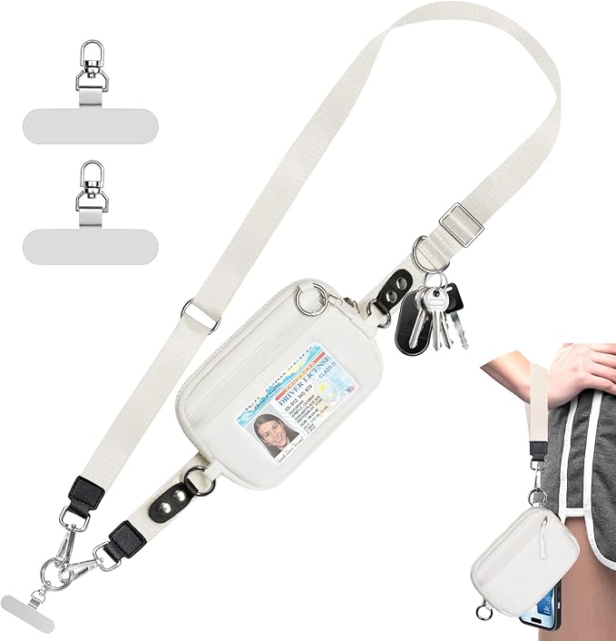 Tiostep Clip and Go Strap for Phone with Wallet Crossbody Phone Lanyard Adjustable and Detachable RFID Wristlet Wallet with ID Window and Zipper, Cream