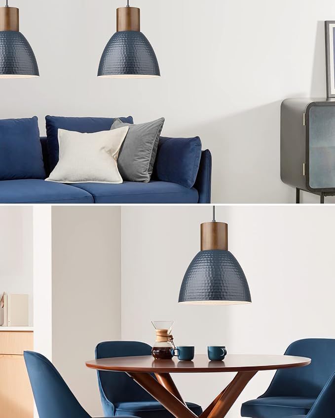 ELYONA 2 Pack Modern Hammered Pendant Lights 10.2” Blue Solid Wood Hanging Lamp, Adjustable Height, Industrial Metal Pendant Lighting for for Farmhouse, Kitchen Island, Dining Room,Bedroom,Bar,Office