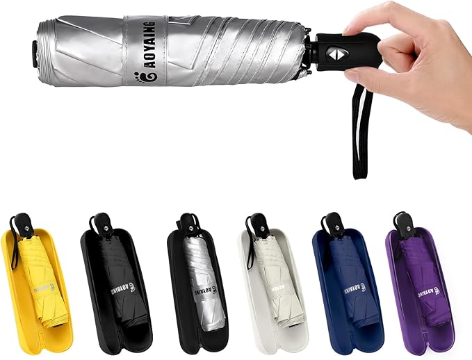 GAOYAING Mini Compact Travel Umbrella with Reflective Safety Stripes, Portable Folding Design with Case
