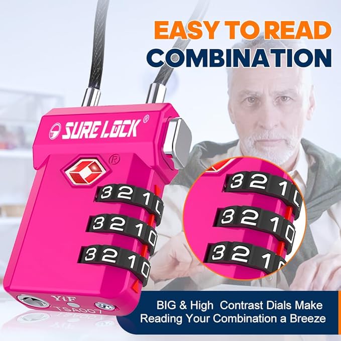 SURE LOCK TSA Approved Luggage Locks – 3-Digit Combination Cable Lock with Red Indicator, Large Dial & Easy-Press Button for Suitcases and Backpacks – Multi-Pack & Color Options