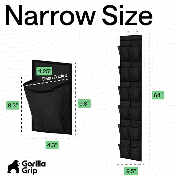 GORILLA GRIP Over the Door Shoe Organizer, 12 Large Breathable Mesh Pockets, Space Saving Hanging Storage Holder, 2 Hook Closet Rack Hanger, Hangs on Closets for Shoes, Accessories, 64H x 9.5W Black
