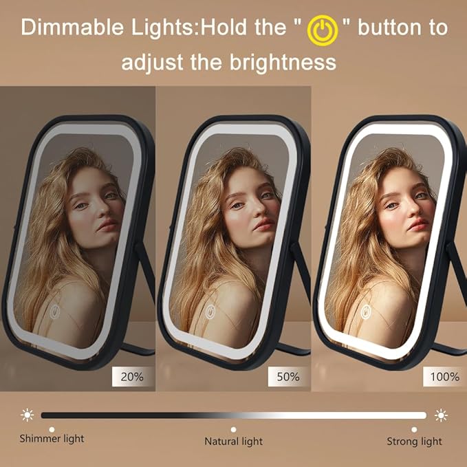 YEKKOPT Travel Mirror with Lights, Small LED Makeup Mirror with Lights,Portable Desk Mirror 1200mAh Battery,3 Color Modes,Dimmable Touch Screen, Tabletop Folding Compact Mirror,Women Gift