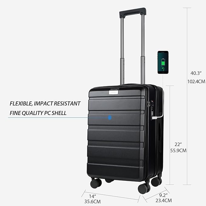KROSER Carry On Luggage with Spinner Wheels & Built-in TSA Lock, Expandable Top Opening Hard Shell Suitcase Large Capacity Durable Rolling Luggage with USB Port, Carry-On 20-Inch, Black