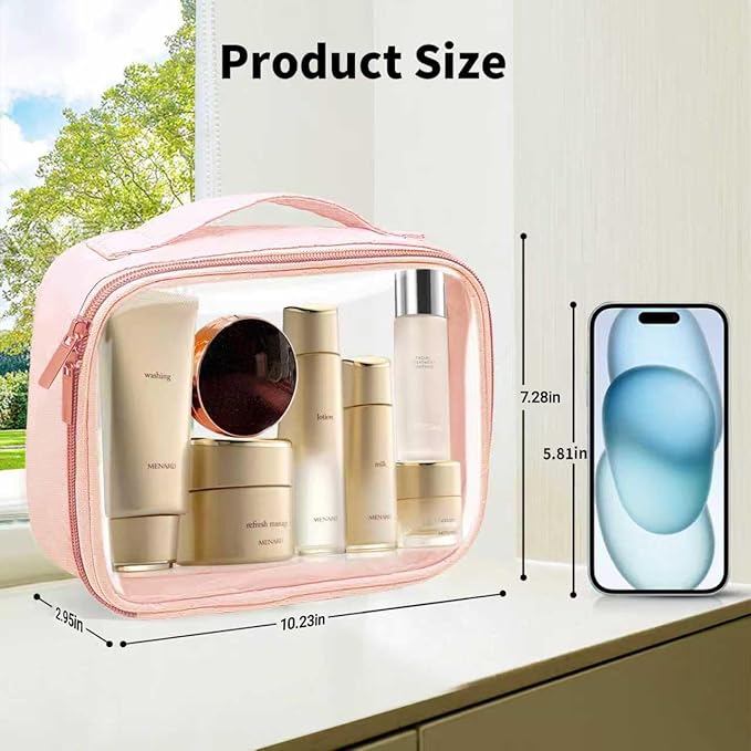 Travel Toiletry Bag,2 Pack Clear Makeup Bags with Handles,180°Opening Clear Cosmetic Bags for Traveling Women,Men,Travel Essentials,Pink