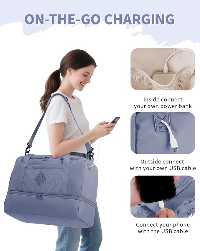 WANDF Travel Duffel Bag with Wet Pocket & Shoe Compartment, 18x14x8 Personal Item Bag with USB Charging Port, Water-Resistant Gym Weekender Overnight Carry-on for Women Men (Grey)
