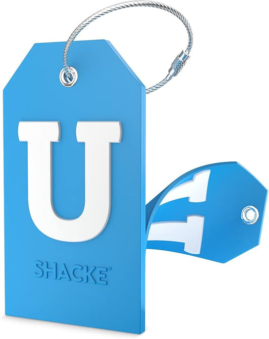 Shacke Initial Luggage Tag with Full Privacy Cover and Stainless Steel Loop - Aqua Teal (Letter U)