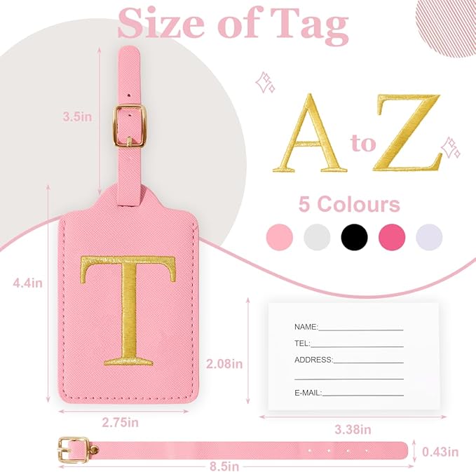 Personalized Initial Luggage Tags for Suitcases,Leather Letter Cute Luggage Tags with Privacy Name Card,Embroidered Monogrammed Travel Bag Backpack Tag Gifts for Women Kids Girls Teens(Pink-T)