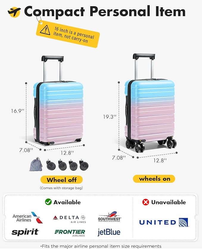 Lekesky 16 Inch Underseat Carry On Luggage Airline Approved, Small Hard Shell Suitcase with TSA Lock Spinner Wheels, Lightweight Personal Item Carry-On for Travel, Cotton Candy