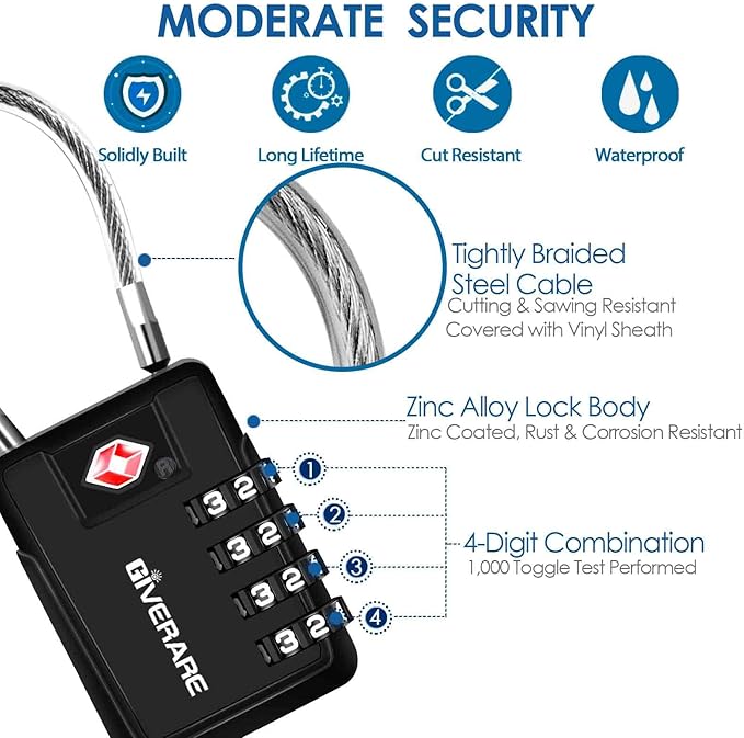 2 Pack TSA Approved Travel Luggage Locks 4-Digit, Metal Cable Suitcase Combination Lock, Alloy Keyless Zipper Padlocks, TSA Accepted Compatible Padlock for Gym Locker, Golf Bag Case, Anti Theft-Black