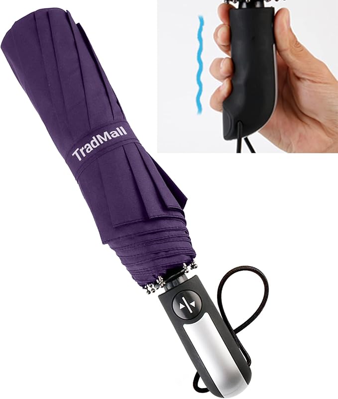 TradMall Travel Umbrella Windproof with 46 Inches Large Canopy 10 Reinforced Fiberglass Ribs Ergonomic Handle Auto Open & Close, Purple