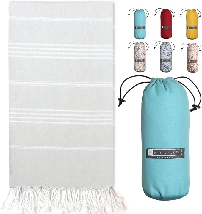 BAY LAUREL Turkish Beach Towel with Travel Bag 39 x 71 Quick Dry Sand Free Lightweight Large Oversized Towels Light - (Pale Grey with Turquoise)