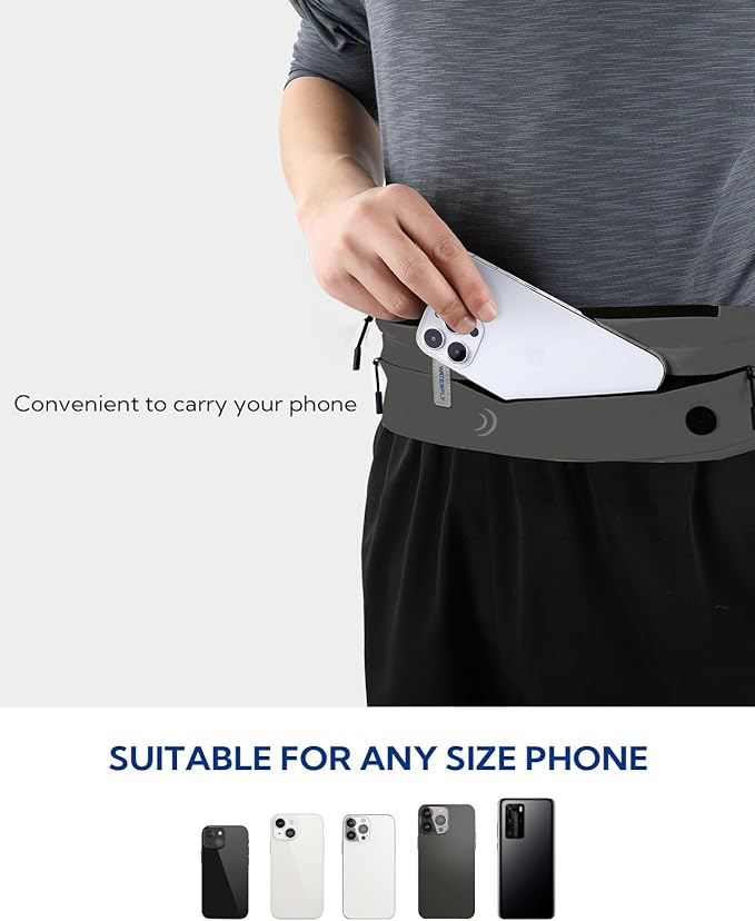 WATERFLY Running Belt Fanny Pack: Runner Marathon Jogging Waist Pack Sport Workout Exercise Fitness Phone Holder Belt for Men Women Jogger Slim Waistband Black