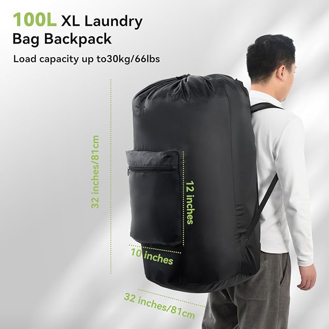 OTraki Large Laundry Backpack 100L Heavy Duty Travel Laundry Bags Hamper Bag with Adjustable Shoulder Straps Pocket Drawstring Closure Drying Do Not Exceed 176℉