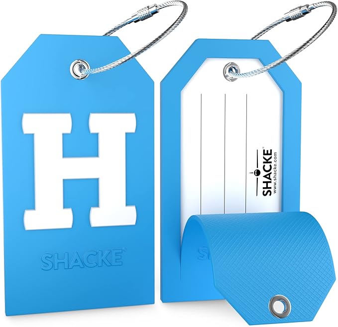 Shacke Initial Luggage Tag with Full Privacy Cover and Stainless Steel Loop - Aqua Teal (Letter H)