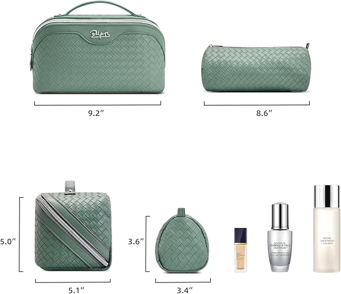 BOYATU Travel Makeup Bag Cosmetic Bags for Women: Large Capacity 3 Pcs Set Make up Bag with Compartments - Waterproof Vegan Leather Toiletry Organizer Bags with Handle (L10 Grass Green)