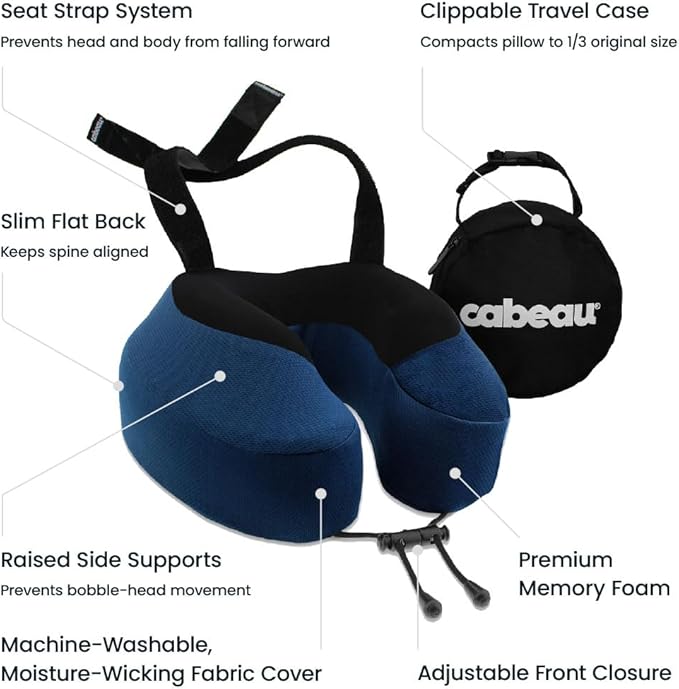 Cabeau Evolution S3 Travel Pillow – Straps to Airplane Seat – Ensures Your Head Won’t Fall Forward – Relax with Plush Memory Foam – Quick-Dry Fabric Keeps You Cool and Dry (Indigo)…