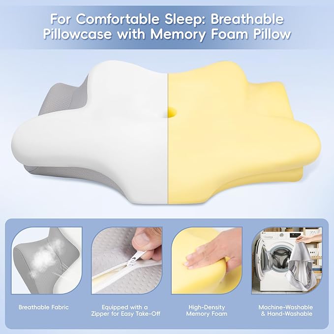 Cervical Neck Pillow, Memory Foam Pillows for Neck and Shoulder Pain Relief, 2 Heights Ergonomic Pillow with Breathable Ice Silk Cover, Neck Support Pillow for Side Sleepers White