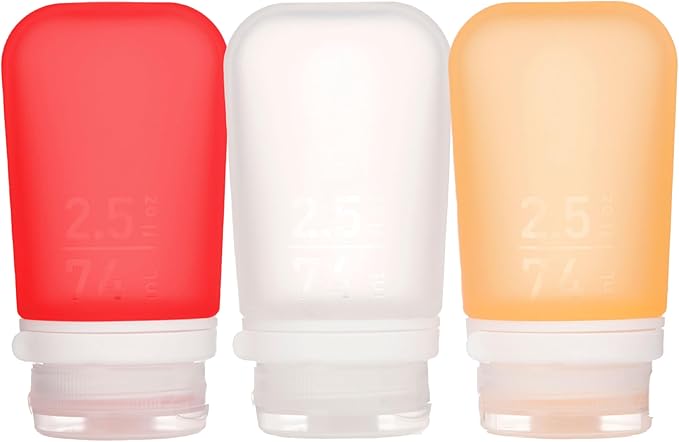 humangear GoToob+ Refillable Silicone Travel Size Bottles with Locking Cap, 3pk Set, Clear/Red/Orange, Medium (2.5oz),HG3185