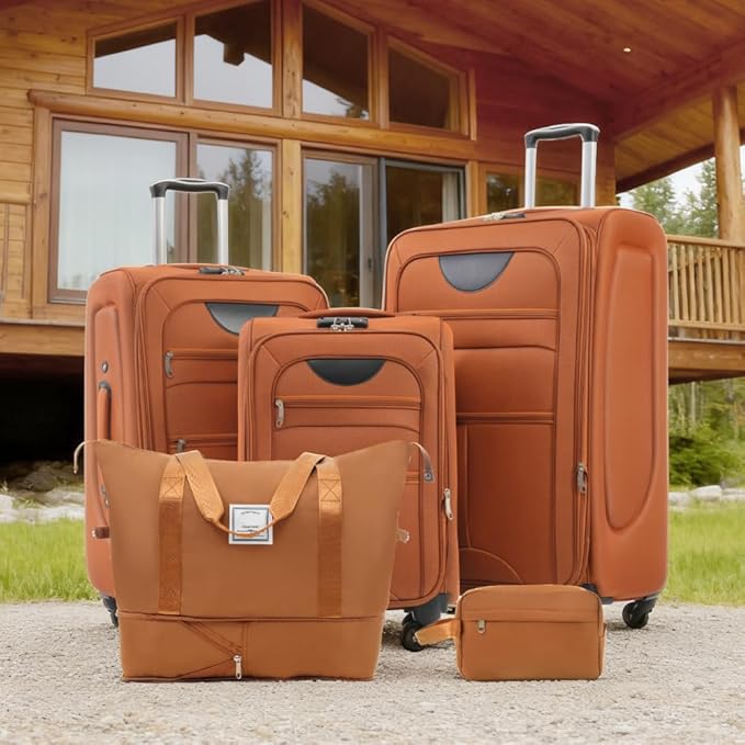 Orange 5 Piece Softside Luggage Sets, Expandable Lightweight Suitcase Sets Double Softshell Spinner Wheels Travel Luggage Set for Women and Men
