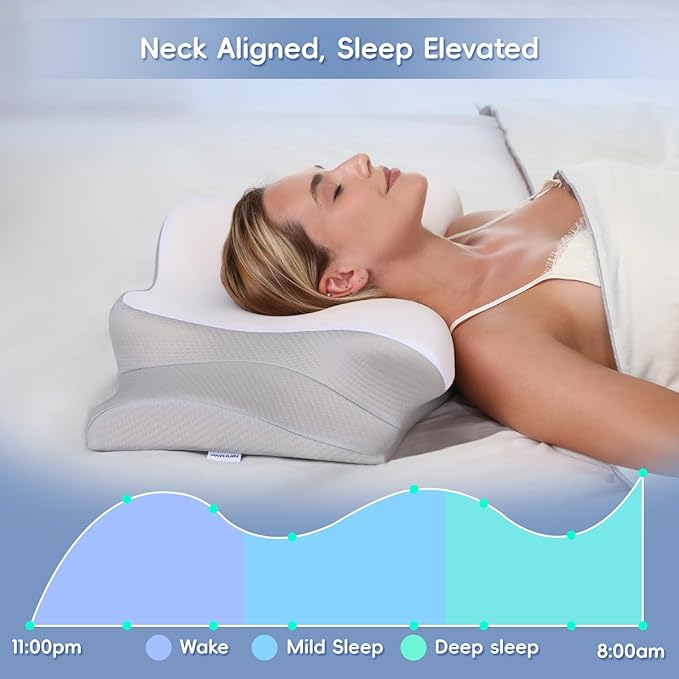 Cervical Neck Pillow, Memory Foam Pillows for Neck and Shoulder Pain Relief, 2 Heights Ergonomic Pillow with Breathable Ice Silk Cover, Neck Support Pillow for Side Sleepers White