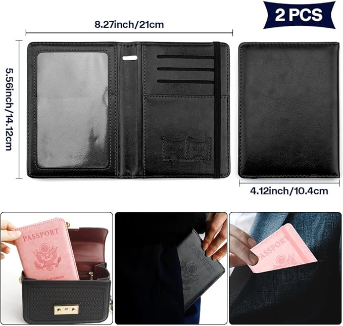 Passport Holder for Travel, 2 Pack Passport Cover, Waterproof Passport Wallet Leather Passport Holder Pen Holder Passport Holders for Women Men Family Travel Must Haves Essentials, Pink+Black
