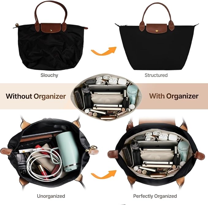 Waterproof Premium Nylon Purse Organizer Insert for Longchamp Le Pliage Tote Bag (Black, Large)