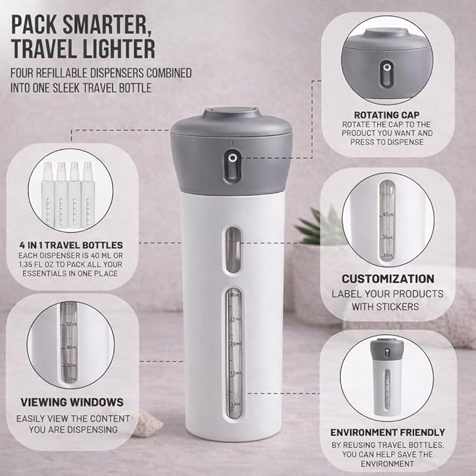 Travigo 4-in-1 Travel Dispenser Bottle, TSA Approved, Leak Proof, Four Reusable 1.4 oz. (40 mL) Toiletry Containers for Shampoo, Conditioner, Soap, Lotion, Skincare (Gray)