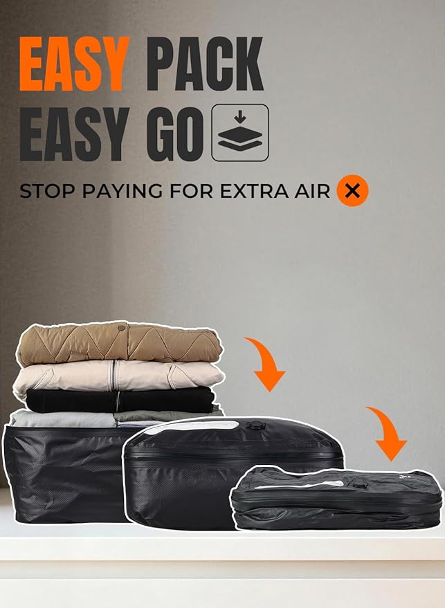 Vacuum Bags for Travel with Wireless Pump, 180° Open Zipper, IP67 Waterproof, Reusable Space Saver Compression Bags for Backpack, Suitcase, Home Storage(3 Pack + Pump)