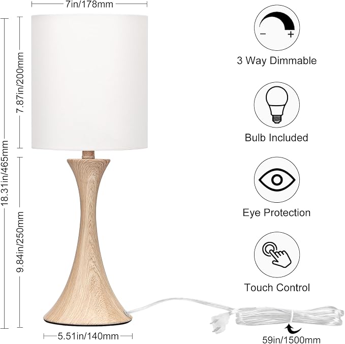 Dimmable Wood Grain Metal Table Lamp, 3 Way Touch Lamp with White Shade | Farmhouse Small Desk Lamp, Modern Nightstand Bedside Lamp for Living Room, Bedroom, Dorm, Office, 3000K LED Bulb Included