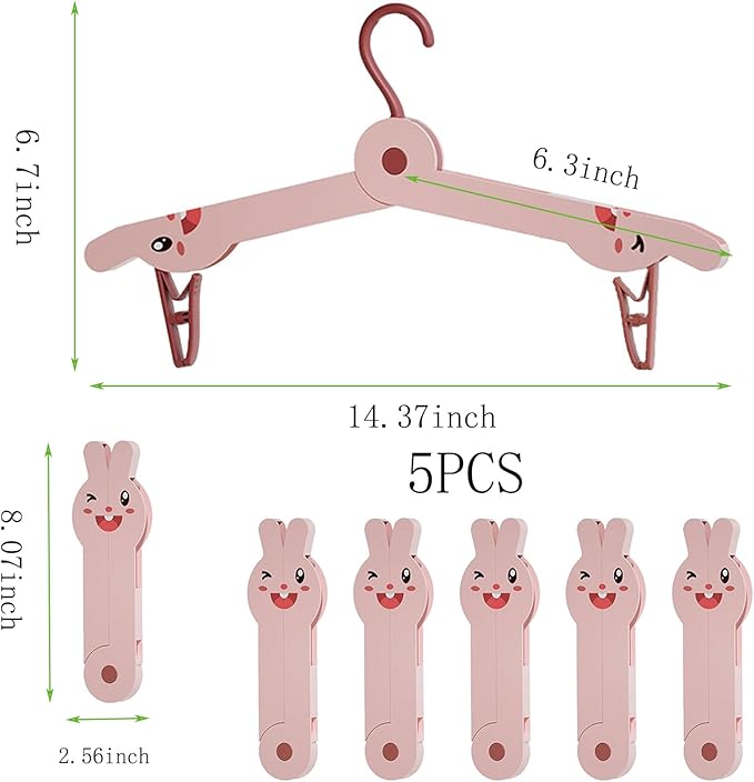 5-PCS Cute Bunny Shape Folding Clothes Hanger, Plastic Foldable Hanger for Travel, Space-Saving Closet Organizer for Adults, Portable Rabbit Design Hangers for Laundry and Wardrobe Storage
