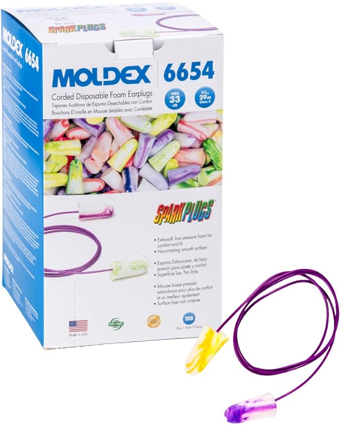 Moldex SparkPlugs® Corded Soft Foam Earplugs – Comfortable Disposable Ear Plugs for Hearing Protection, Noise Reduction, NRR 33dB, Individually Wrapped, 100 Pairs, 6654