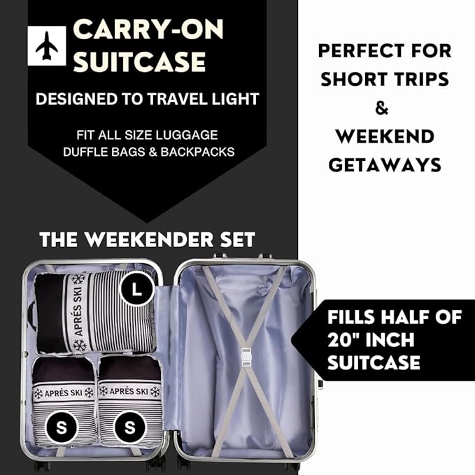 Apres Ski Packing Cubes Organizer Bags for Suitcase & Backpack, Compression Packing Cubes for Travel, Lightweight Luggage Organizers, Travel Cubes, Vacation Essentials, 3pc Set, Black Apres Ski
