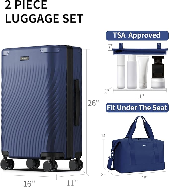 ECOHUB Hardside Expandable Carry On Luggage, Recycled PC 24" Rolling Luggage 26x16x11 Airline Approved with Spinner Wheels & TSA Lock, Lightweight Hardshell Travel Suitcase, 24inch Carry-on Blue