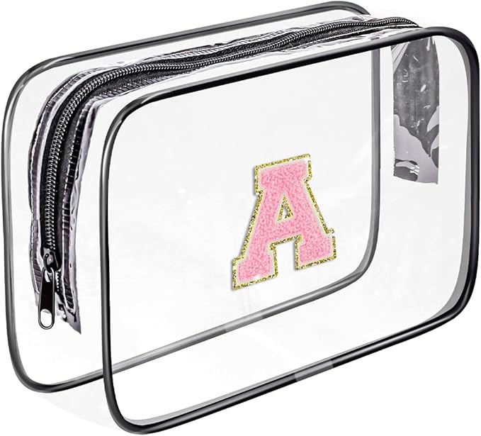 Clear Toiletry Bag,Portable Travel Toiletry Bag,Chenille Letter Cosmetic Bag with Zipper,Waterproof Makeup Bag,Cosmetic Storage Organizer for Women Men,Travel Essentials (Black,A)