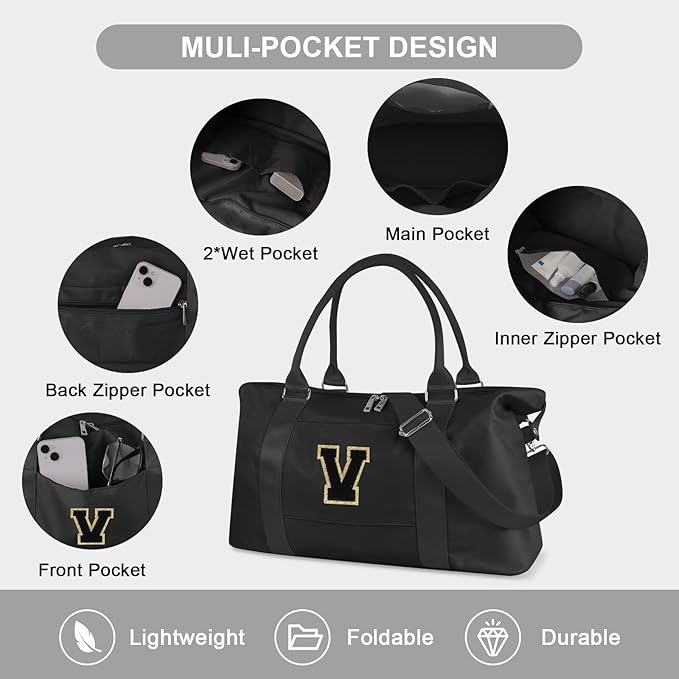 Dance Gym Duffel Bag for Teen Girls, Personalized Initial Travel Weekender Bag,Cute Overnight Carry On Duffle for Women,Sports Travel Cheer Bag,Monogram Christmas Gifts for Tween Preppy(black-V)