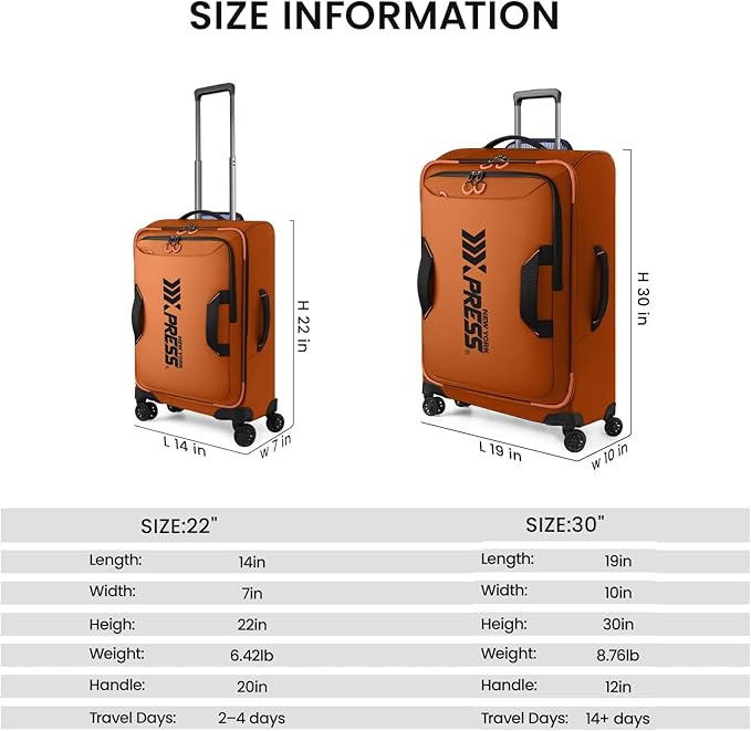 2-Piece Set（22in/30in） Front Opening,Softside Luggage Sets w/Double Spinner Wheels Suitcase,Waterproof,Lightweight Travel Luggage Rolling Suitcase（Orange,22in/30in）