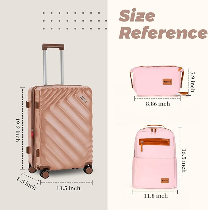 3 piece Luggage Set Expandable Suitcase 22x14x9 Airline Approved Carry on, ABS Hard Case Suitcases with Spinner Wheels, TSA Lock, (Pink, 3 Piece Sets(20/BP/TB))